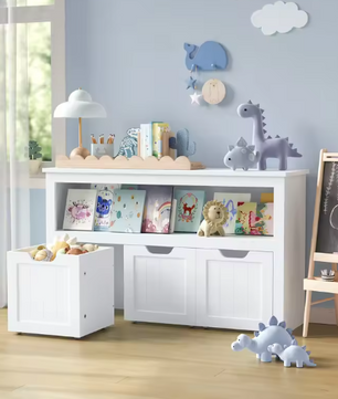 Kinderspeelgoed Opbergkast met Laden op Wielen – Witte Speelgoedkast 102×30×60 cm