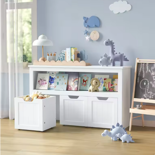 Kinderspeelgoed Opbergkast met Laden op Wielen – Witte Speelgoedkast 102×30×60 cm