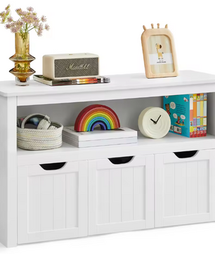 Kinderspeelgoed Opbergkast met Laden op Wielen – Witte Speelgoedkast 102×30×60 cm