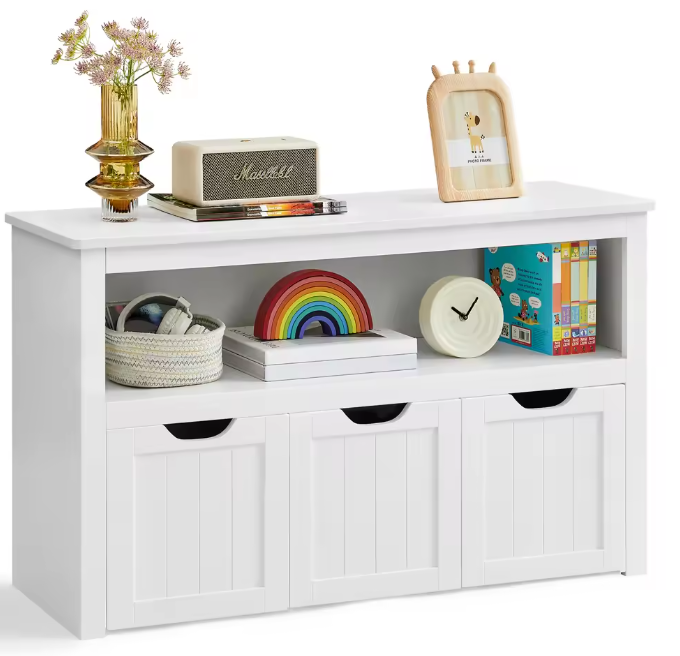 Kinderspeelgoed Opbergkast met Laden op Wielen – Witte Speelgoedkast 102×30×60 cm