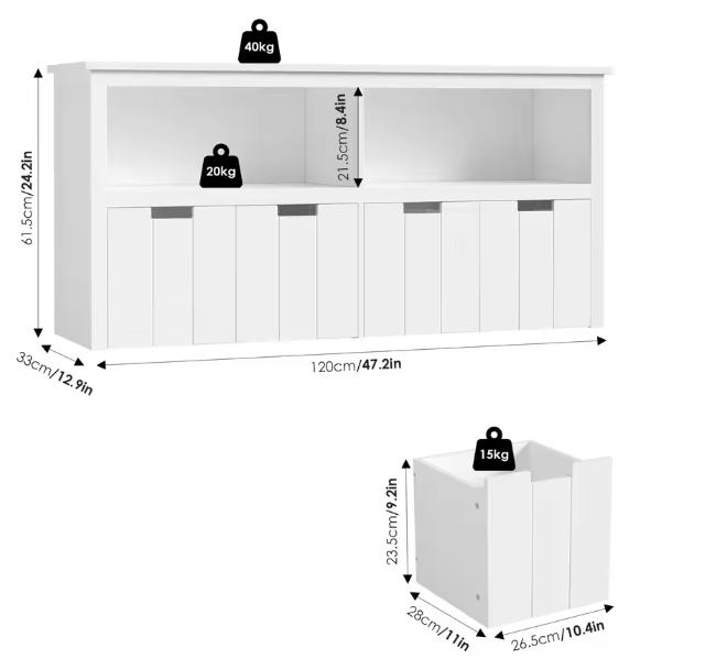 Speelgoedopbergkast met 4 Rolbare Lades – Kinderkast 120×33×61,5 cm