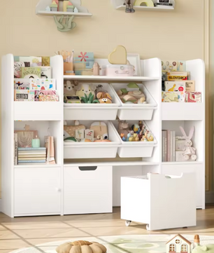 Grote Speelgoedopbergkast met 4 Bakken en 13 Planken – 126×30×104 cm