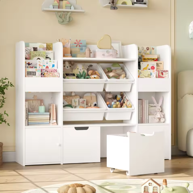 Grote Speelgoedopbergkast met 4 Bakken en 13 Planken – 126×30×104 cm