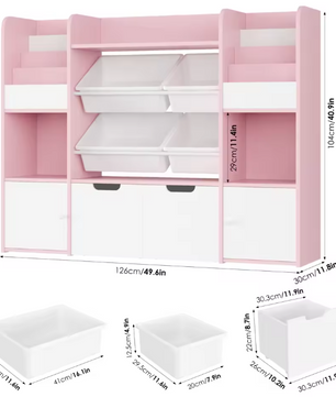 Grote Speelgoedopbergkast met 4 Bakken en 13 Planken – 126×30×104 cm