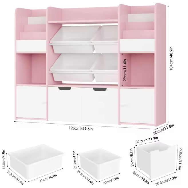 Grote Speelgoedopbergkast met 4 Bakken en 13 Planken – 126×30×104 cm