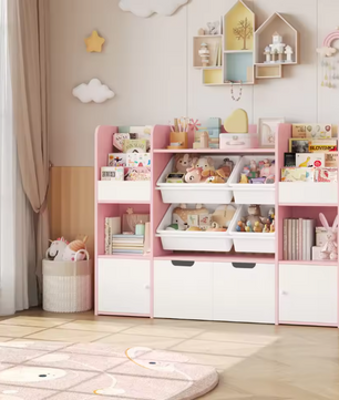 Grote Speelgoedopbergkast met 4 Bakken en 13 Planken – 126×30×104 cm