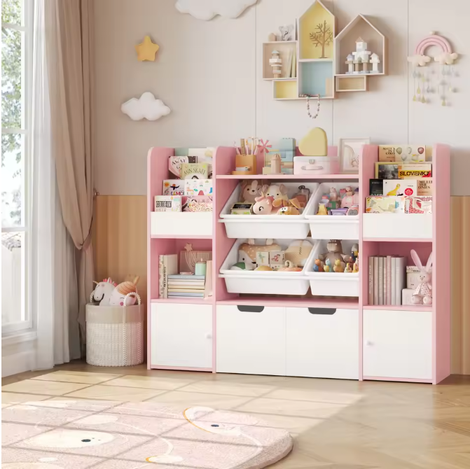 Grote Speelgoedopbergkast met 4 Bakken en 13 Planken – 126×30×104 cm