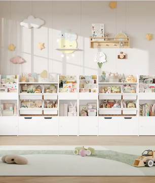 Grote Speelgoedopbergkast met 4 Bakken en 13 Planken – 126×30×104 cm