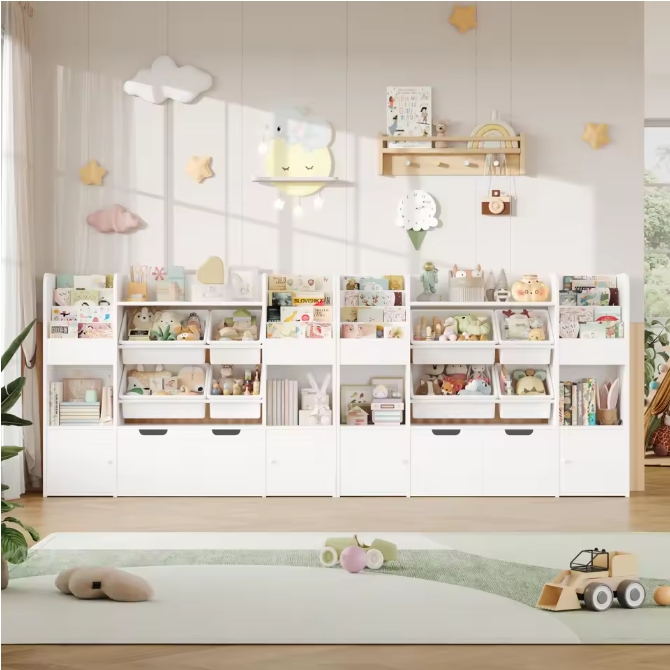 Grote Speelgoedopbergkast met 4 Bakken en 13 Planken – 126×30×104 cm