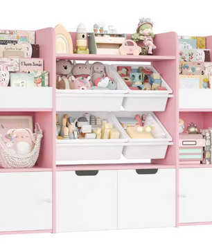 Grote Speelgoedopbergkast met 4 Bakken en 13 Planken – 126×30×104 cm