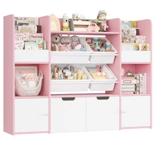 Grote Speelgoedopbergkast met 4 Bakken en 13 Planken – 126×30×104 cm