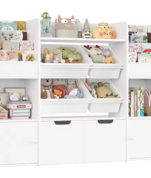 Grote Speelgoedopbergkast met 4 Bakken en 13 Planken – 126×30×104 cm