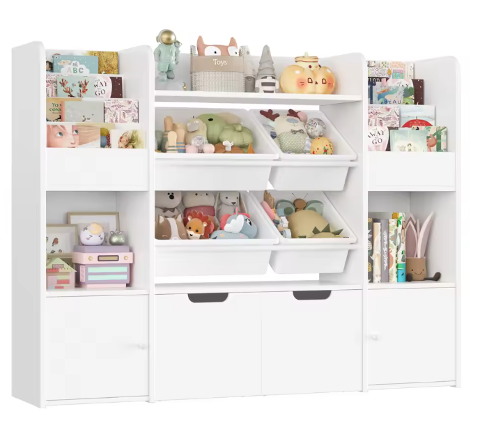 Grote Speelgoedopbergkast met 4 Bakken en 13 Planken – 126×30×104 cm