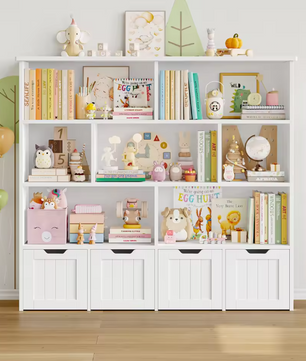 Kinderboekenkast met 4 Rolbakken en 8 Planken – 125,5×33×118 cm Wit/Roze