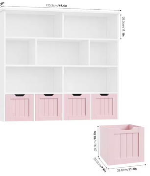 Kinderboekenkast met 4 Rolbakken en 8 Planken – 125,5×33×118 cm Wit/Roze