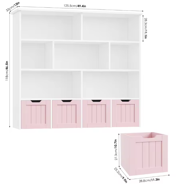 Kinderboekenkast met 4 Rolbakken en 8 Planken – 125,5×33×118 cm Wit/Roze