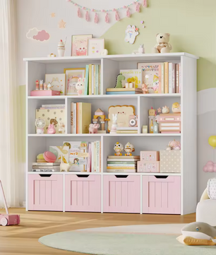 Kinderboekenkast met 4 Rolbakken en 8 Planken – 125,5×33×118 cm Wit/Roze