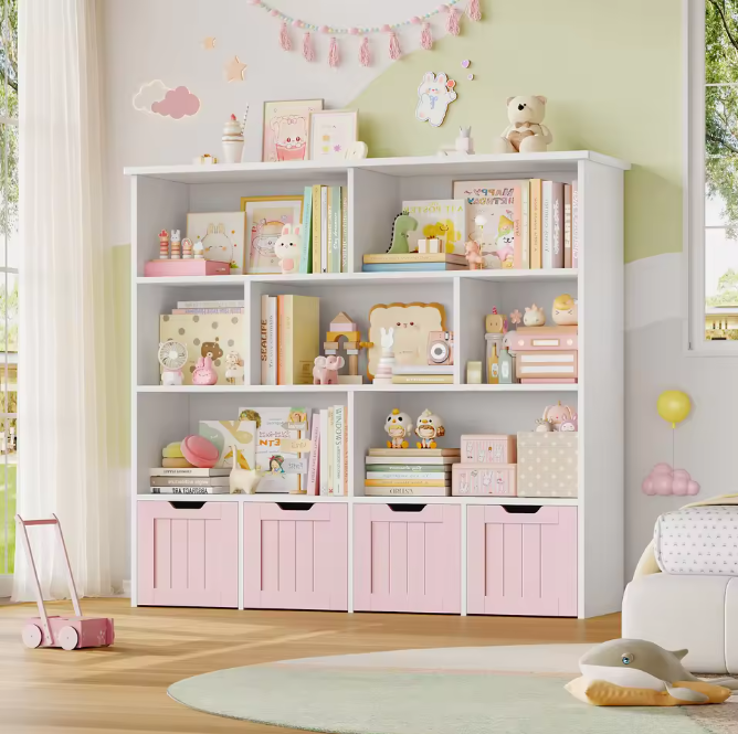 Kinderboekenkast met 4 Rolbakken en 8 Planken – 125,5×33×118 cm Wit/Roze