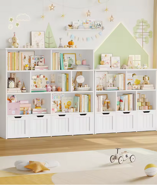 Kinderboekenkast met 4 Rolbakken en 8 Planken – 125,5×33×118 cm Wit/Roze