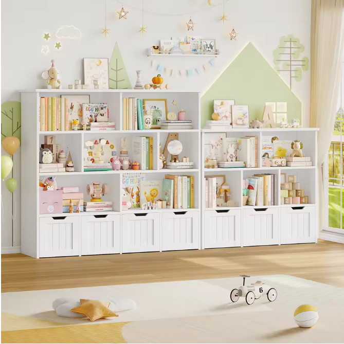 Kinderboekenkast met 4 Rolbakken en 8 Planken – 125,5×33×118 cm Wit/Roze