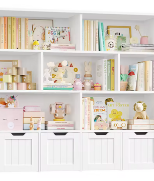 Kinderboekenkast met 4 Rolbakken en 8 Planken – 125,5×33×118 cm Wit/Roze