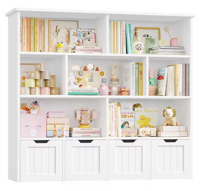 Kinderboekenkast met 4 Rolbakken en 8 Planken – 125,5×33×118 cm Wit/Roze