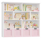 Kinderboekenkast met 4 Rolbakken en 8 Planken – 125,5×33×118 cm Wit/Roze