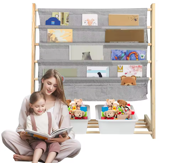 Kinderboekenkast met 4 Planken en 2 Speelgoedboxen – 78×69×33 cm
