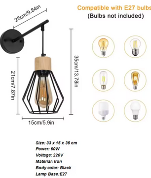 Vintage Industriële Wandlamp – Metaal & Hout, E27 Fitting