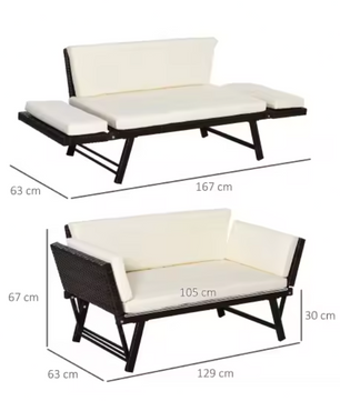 2-Zits Opvouwbare Loungebank – Stalen Frame & Rotanlook, Verstelbare Armleuningen voor Balkon en Terras