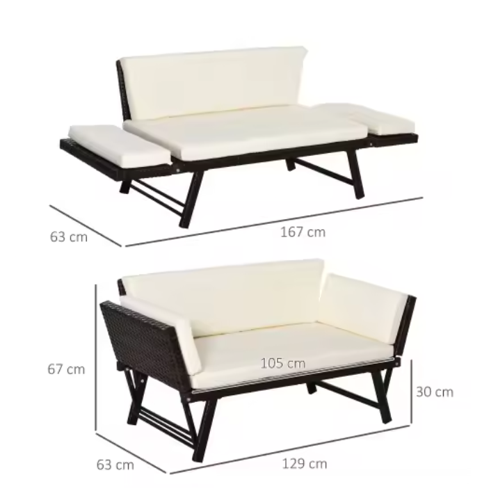 2-Zits Opvouwbare Loungebank – Stalen Frame & Rotanlook, Verstelbare Armleuningen voor Balkon en Terras