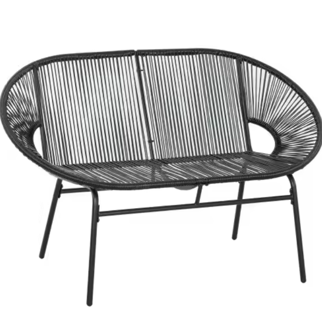 Set van 2 Zwarte Tuinbanken – Stalen Frame & Rotan Vlechtwerk, Weerbestendig & Comfortabel voor 2 Personen