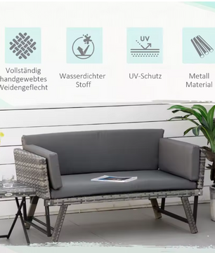 2-Zits Tuinbank met Opklapbare Armleuningen – Staalgrijs Loungebank met Kussens en Rattan Look