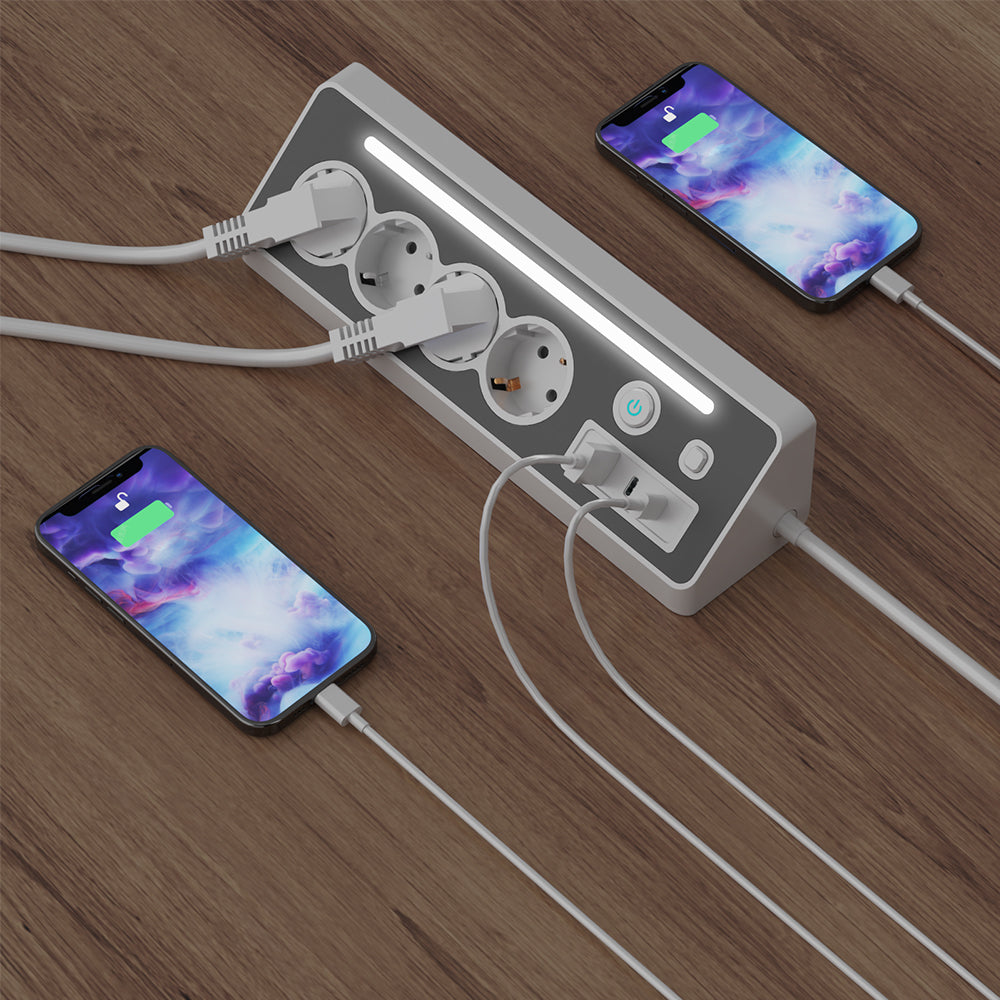 Stekkerdoos met 4 Stopcontacten, USB en Type-C met Schakelaar