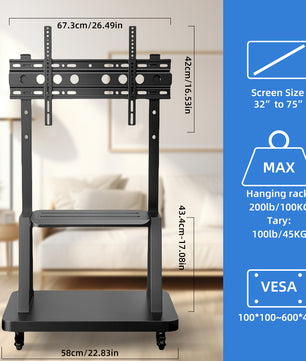 Mobiele TV Wagen 32–75 inch – Verrijdbare TV Standaard met Wielen en Hoogteverstelling