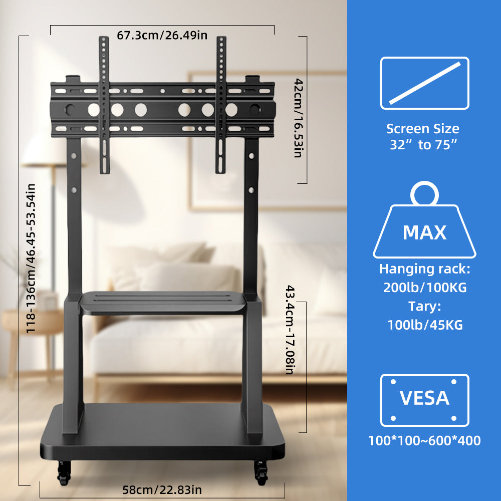 Mobiele TV Wagen 32–75 inch – Verrijdbare TV Standaard met Wielen en Hoogteverstelling