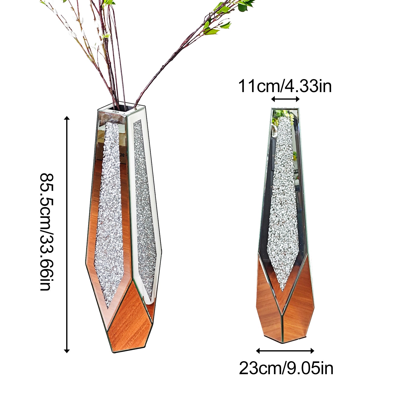 Hoge Vloerspiegelvaas met Verpletterde Diamanten – Luxe Glazen Kristal Vaas voor Woondecoratie en Evenementen