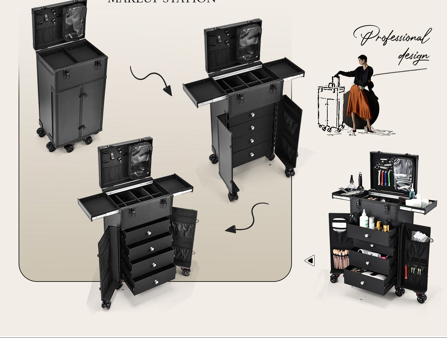 Professionele Make-up Trolley met 4 Laden – Rollende Koffer met Grote Opbergruimte