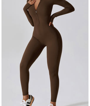 Dames Sport Jumpsuit met Rits en Lange Mouwen – Stretch Fitness Catsuit voor Yoga en Training