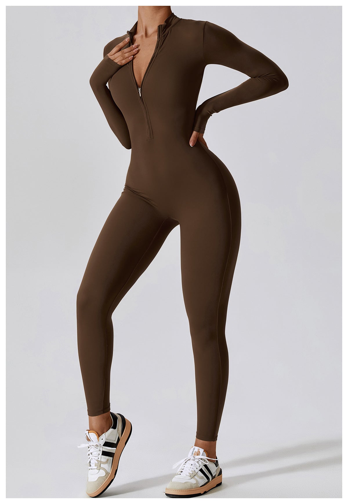 Dames Sport Jumpsuit met Rits en Lange Mouwen – Stretch Fitness Catsuit voor Yoga en Training