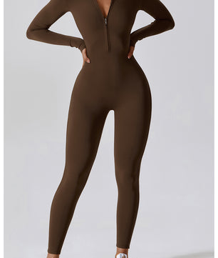 Dames Sport Jumpsuit met Rits en Lange Mouwen – Stretch Fitness Catsuit voor Yoga en Training