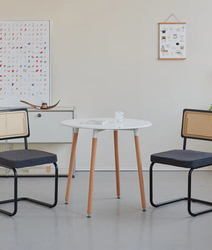 Set van 2 Retro Eetkamerstoelen – Rotan Look – Comfortabele Fluwelen Zitting – Stevig Metalen Frame – Boog Rugleuning – Natuurlijke Kleur
