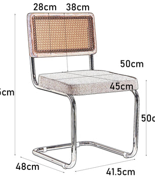 Set van 2 Retro Eetkamerstoelen – Rotan Look – Comfortabele Fluwelen Zitting – Stevig Metalen Frame – Boog Rugleuning – Natuurlijke Kleur