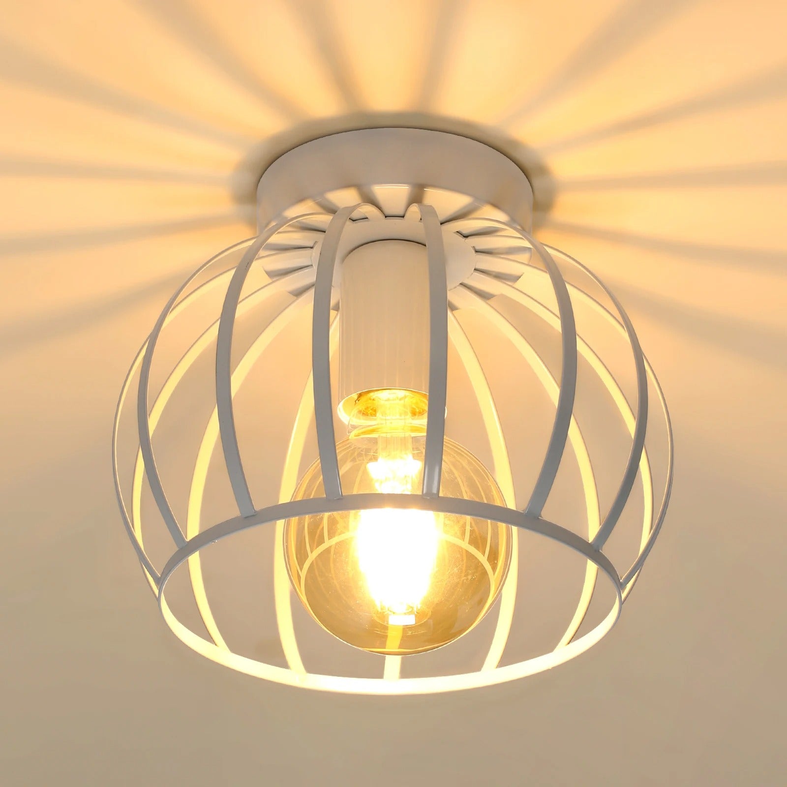 Vintage Industriële Plafondlamp – Zwarte Metalen Kooi – E27 Fitting – Semi Flush Mount voor Keuken, Eetkamer en Hal