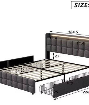 Gestoffeerd Tweepersoonsbed met LED, USB en 4 Lades – Opbergbed 140/160/180 × 200 cm
