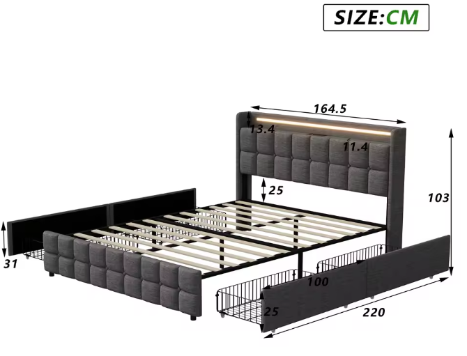 Gestoffeerd Tweepersoonsbed met LED, USB en 4 Lades – Opbergbed 140/160/180 × 200 cm