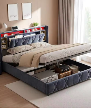 Gestoffeerd Tweepersoonsbed met LED en USB – Opbergbed met Hoofdeinde