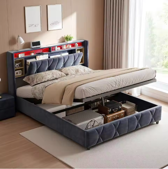 Gestoffeerd Tweepersoonsbed met LED en USB – Opbergbed met Hoofdeinde