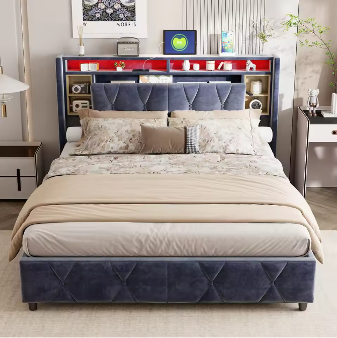 Gestoffeerd Tweepersoonsbed met LED en USB – Opbergbed met Hoofdeinde