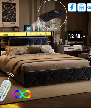 Gestoffeerd Tweepersoonsbed met LED en USB – Opbergbed met Hoofdeinde